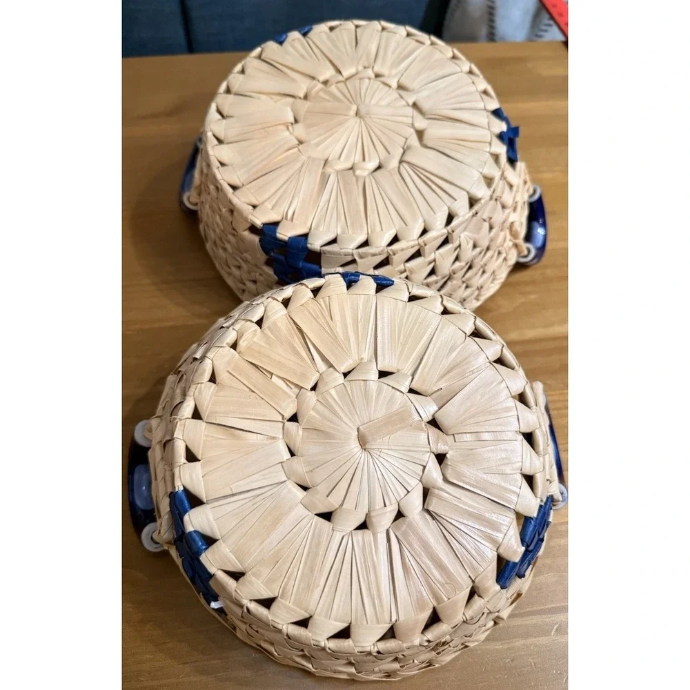 Vintage Wicker Bread Baskets Set of 2 Blue Ceramic Handles